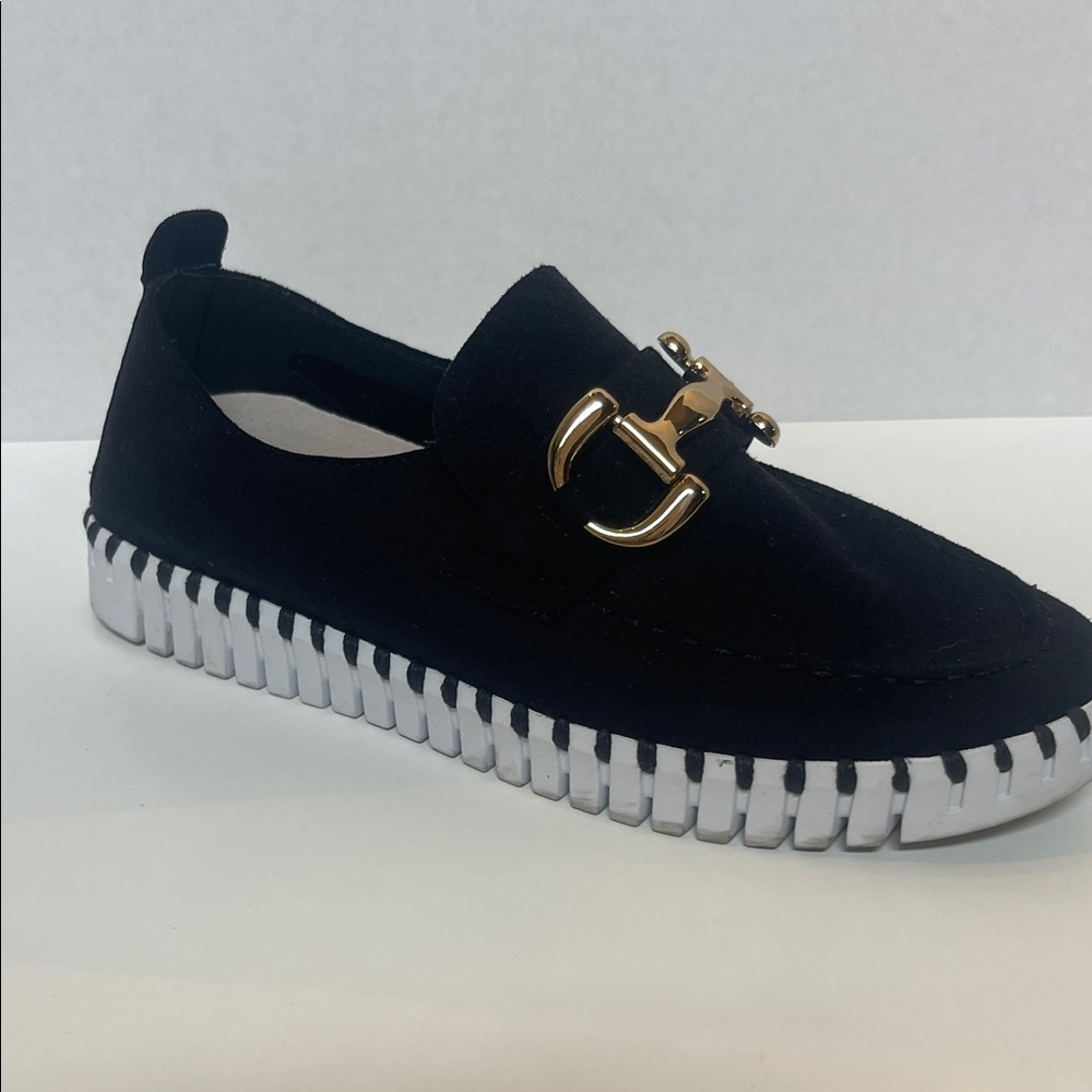Ilse Jacobsen Black Slip-On Loafer with Gold Horsebit